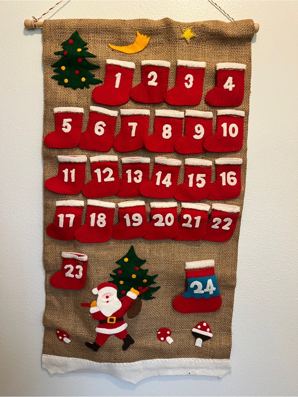 Vintage Holiday Advent Calendar Burlap Wall Hanging - Santa Mushrooms Christmas